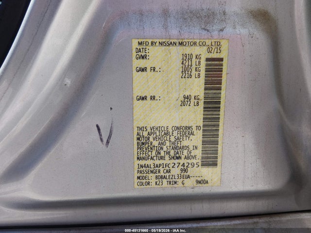 1N4AL3AP1FC274295 Nissan Altima 2.5/2.5 S/2.5 Sl/2.5 Sv