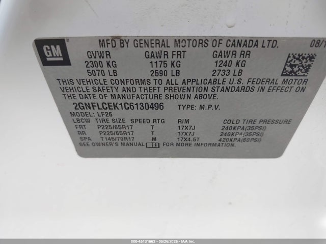 45131662 :رقم المزاد ، 2GNFLCEK1C6130496 vin ، 2012 Chevrolet Equinox Ls مزاد بيع