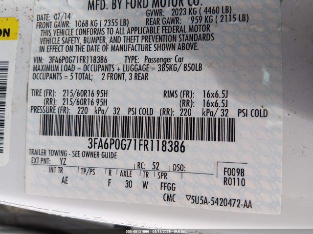 Ford FUSION S 2015 3FA6P0G71FR118386 Image 9