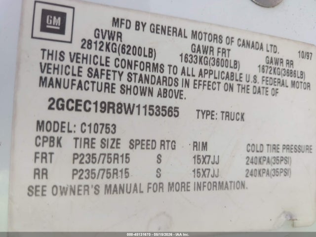 Aukcja sprzedaży 1998 Chevrolet C1500 Fleetside, vin: 2GCEC19R8W1153565, numer aukcji: 45131670