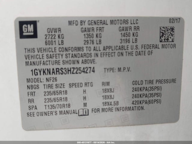 Продаж на аукціоні авто 2017 Cadillac Xt5 Standard, vin: 1GYKNARS3HZ254274, номер лоту: 45131677
