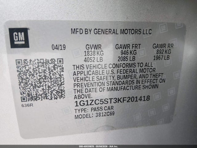 1G1ZC5ST3KF201418 Chevrolet Malibu 1fl