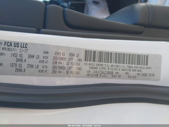Aukcja sprzedaży 2018 Jeep Grand Cherokee Overland 4x4, vin: 1C4RJFCG4JC185038, numer aukcji: 45131684