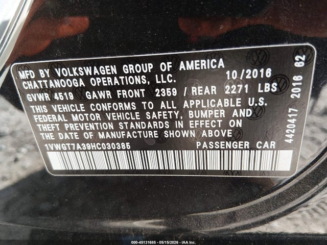 1VWGT7A39HC030385 Volkswagen Passat 1.8t Se