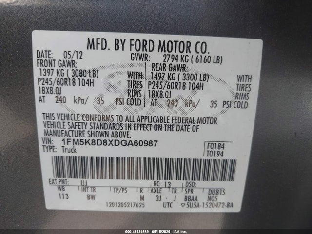 2013 Ford Explorer Xlt მანქანა იყიდება აუქციონზე, vin: 1FM5K8D8XDGA60987, აუქციონის ნომერი: 45131689