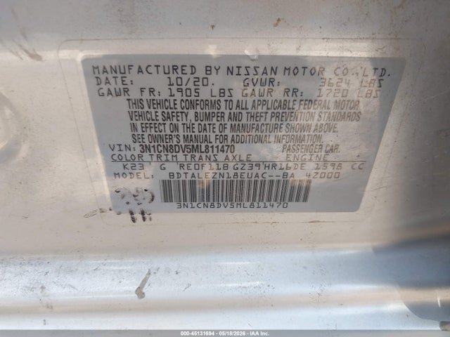 Продаж на аукціоні авто 2021 Nissan Versa S Xtronic Cvt, vin: 3N1CN8DV5ML811470, номер лоту: 45131694