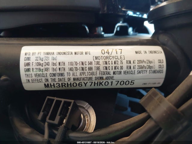 45131697 :رقم المزاد ، MH3RH06Y7HK017005 vin ، 2017 Yamaha Yzfr3 مزاد بيع