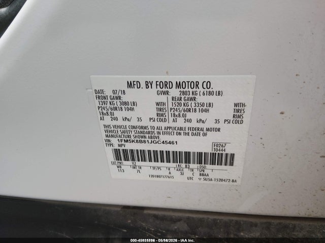 1FM5K8B81JGC45461 Ford Explorer