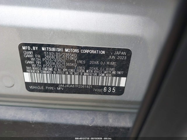 Aukcja sprzedaży 2023 Mitsubishi Outlander Se 2.5 S-awc, vin: JA4J4UA87PZ061821, numer aukcji: 45131710