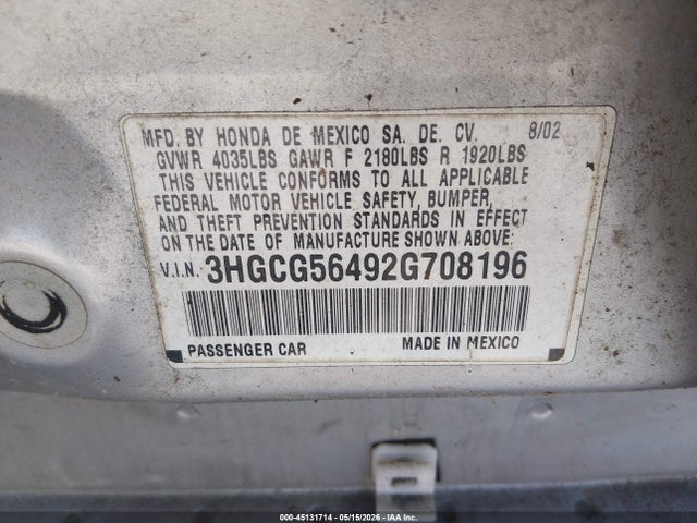 45131714 :رقم المزاد ، 3HGCG56492G708196 vin ، 2002 Honda Accord 2.3 Lx مزاد بيع