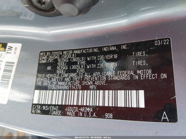 5TDGZRAH8NS114376 Toyota Highlander Xle
