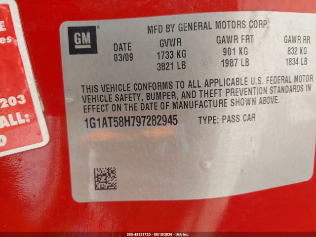 2009 Chevrolet Cobalt Lt მანქანა იყიდება აუქციონზე, vin: 1G1AT58H797282945, აუქციონის ნომერი: 45131720