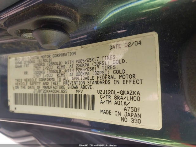 2004 Lexus Gx 470 მანქანა იყიდება აუქციონზე, vin: JTJBT20X440041825, აუქციონის ნომერი: 45131725