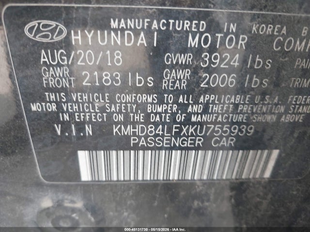 45131730 :رقم المزاد ، KMHD84LFXKU755939 vin ، 2019 Hyundai Elantra Sel مزاد بيع
