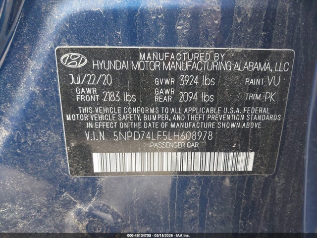 Auction sale of the 2020 Hyundai Elantra Se, vin: 5NPD74LF5LH608978, lot number: 45131732