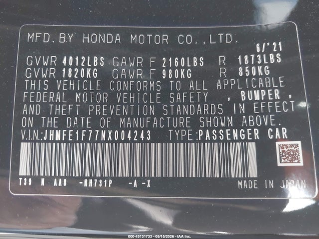 Honda CIVIC EX 2022 JHMFE1F77NX004243 Image 9