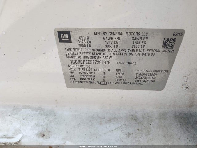 45131750 :رقم المزاد ، 1GCRCPEC5FZ290976 vin ، 2015 Chevrolet Silverado 1500 Wt مزاد بيع