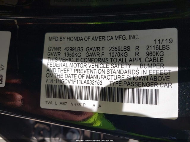 45131775 :رقم المزاد ، 1HGCV1F11LA032153 vin ، 2020 Honda Accord Lx مزاد بيع
