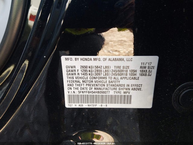 Продаж на аукціоні авто 2017 Honda Pilot Ex-l, vin: 5FNYF6H54HB098077, номер лоту: 45131778