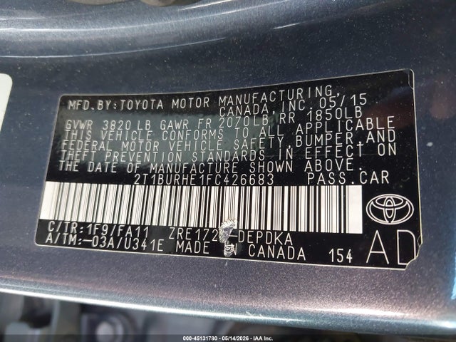 Aukcja sprzedaży 2015 Toyota Corolla L, vin: 2T1BURHE1FC426683, numer aukcji: 45131780