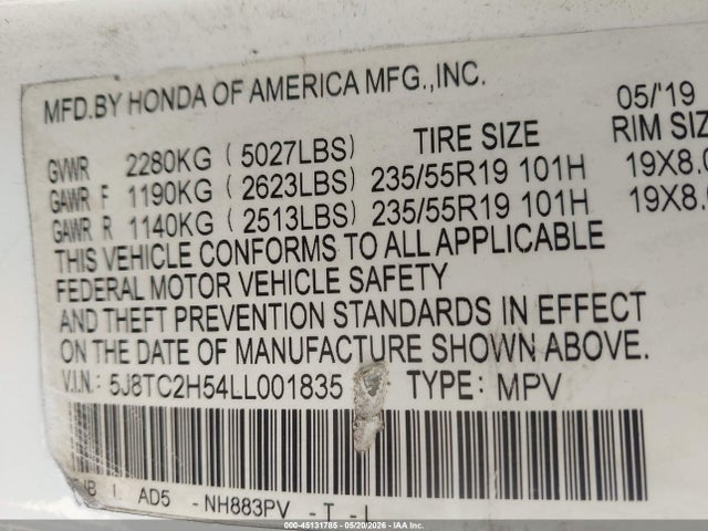 45131785 :رقم المزاد ، 5J8TC2H54LL001835 vin ، 2020 Acura Rdx Technology Package مزاد بيع