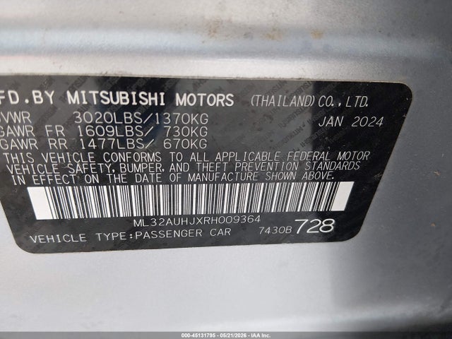 2024 Mitsubishi Mirage Le მანქანა იყიდება აუქციონზე, vin: ML32AUHJXRH009364, აუქციონის ნომერი: 45131795
