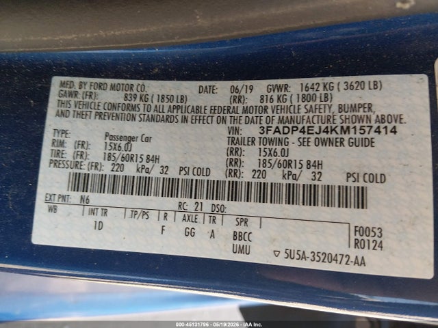 Продаж на аукціоні авто 2019 Ford Fiesta Se, vin: 3FADP4EJ4KM157414, номер лоту: 45131796