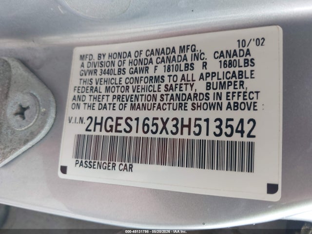 Продажа на аукционе авто 2003 Honda Civic Lx, vin: 2HGES165X3H513542, номер лота: 45131798