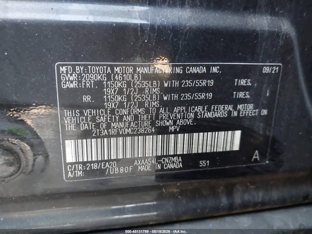 2021 Toyota Rav4 Xle Premium მანქანა იყიდება აუქციონზე, vin: 2T3A1RFV0MC238264, აუქციონის ნომერი: 45131799