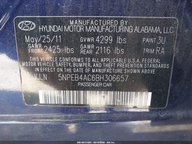 Продажа на аукционе авто 2011 Hyundai Sonata Gls, vin: 5NPEB4AC6BH306657, номер лота: 45131803