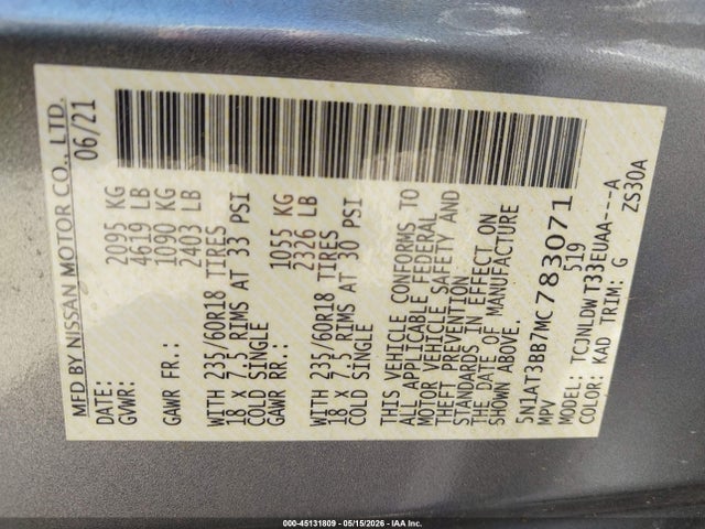 Продажа на аукционе авто 2021 Nissan Rogue Sv Intelligent Awd, vin: 5N1AT3BB7MC783071, номер лота: 45131809