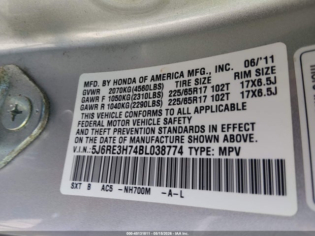Aukcja sprzedaży 2011 Honda Cr-v Ex-l, vin: 5J6RE3H74BL038774, numer aukcji: 45131811