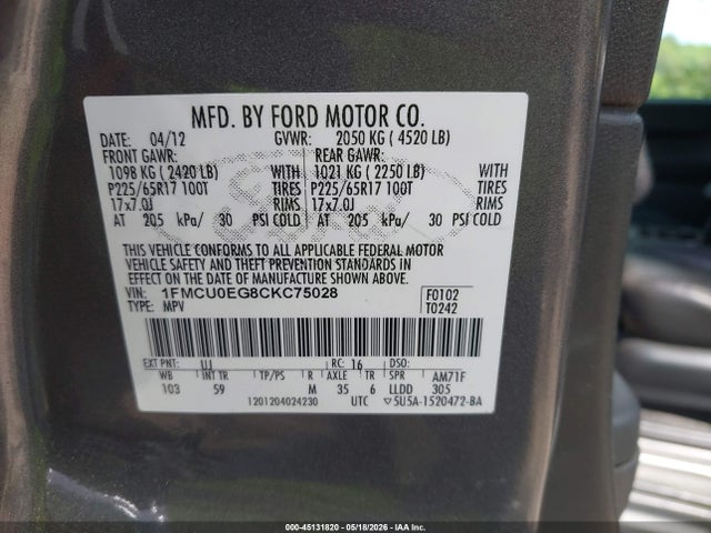 Продажа на аукционе авто 2012 Ford Escape Limited, vin: 1FMCU0EG8CKC75028, номер лота: 45131820