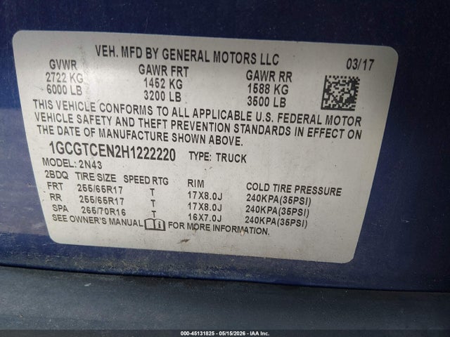 Aukcja sprzedaży 2017 Chevrolet Colorado Lt, vin: 1GCGTCEN2H1222220, numer aukcji: 45131825