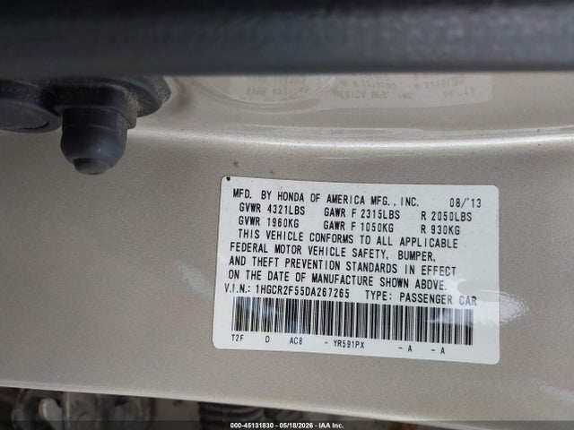2013 Honda Accord Sport მანქანა იყიდება აუქციონზე, vin: 1HGCR2F55DA267265, აუქციონის ნომერი: 45131830