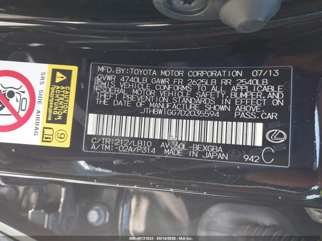 Aukcja sprzedaży 2013 Lexus Es 300h, vin: JTHBW1GG7D2035594, numer aukcji: 45131832