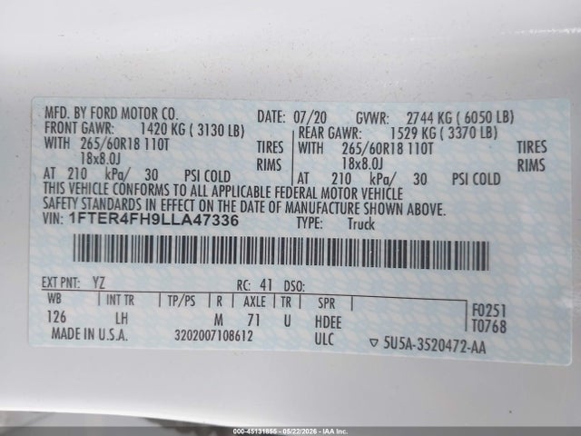 Продаж на аукціоні авто 2020 Ford Ranger Xlt, vin: 1FTER4FH9LLA47336, номер лоту: 45131855