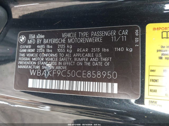2012 Bmw 335i Xdrive მანქანა იყიდება აუქციონზე, vin: WBAKF9C50CE858950, აუქციონის ნომერი: 45131856