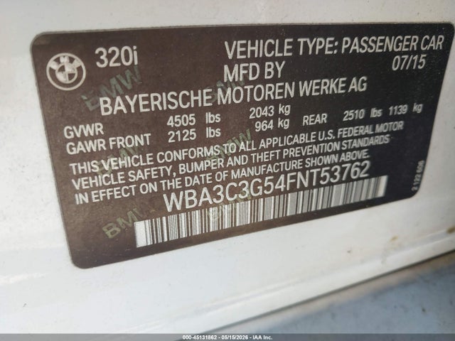 Продажа на аукционе авто 2015 Bmw 320i Xdrive, vin: WBA3C3G54FNT53762, номер лота: 45131862