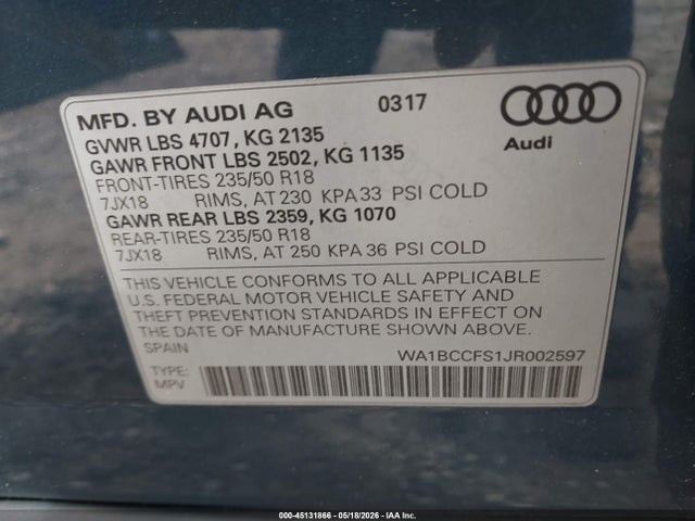 Aukcja sprzedaży 2018 Audi Q3 2.0t Premium/2.0t Sport Premium, vin: WA1BCCFS1JR002597, numer aukcji: 45131866