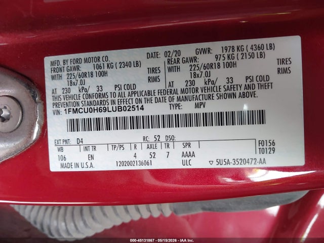 Aukcja sprzedaży 2020 Ford Escape Sel, vin: 1FMCU0H69LUB02514, numer aukcji: 45131867