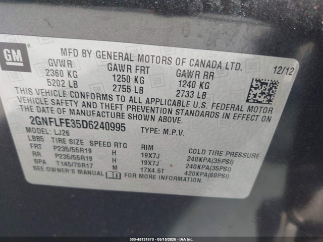 Продажа на аукционе авто 2013 Chevrolet Equinox Ltz, vin: 2GNFLFE35D6240995, номер лота: 45131870