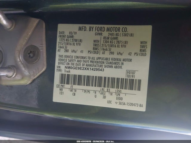 Aukcja sprzedaży 2019 Ford Transit Connect Xl, vin: NM0GE9E2XK1429543, numer aukcji: 45131876