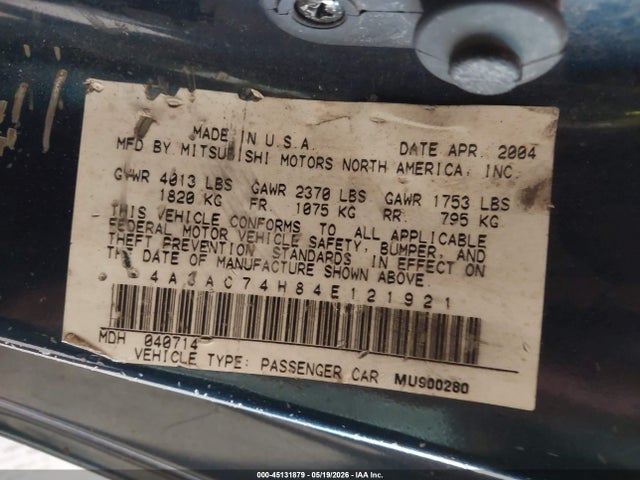 Продаж на аукціоні авто 2004 Mitsubishi Eclipse Gts, vin: 4A3AC74H84E121921, номер лоту: 45131879