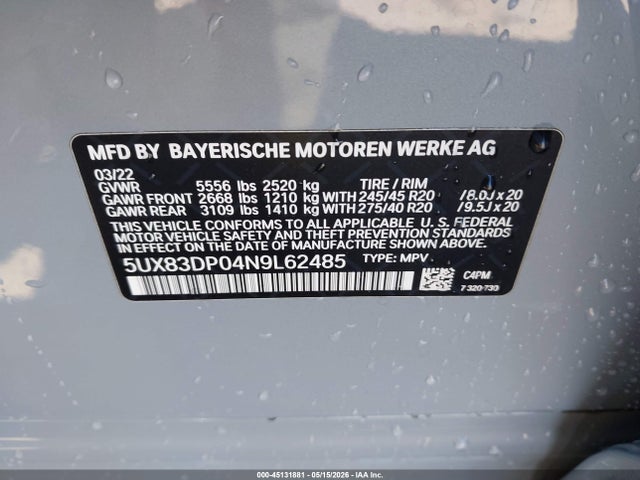 45131881 :رقم المزاد ، 5UX83DP04N9L62485 vin ، 2022 Bmw X3 M40i مزاد بيع
