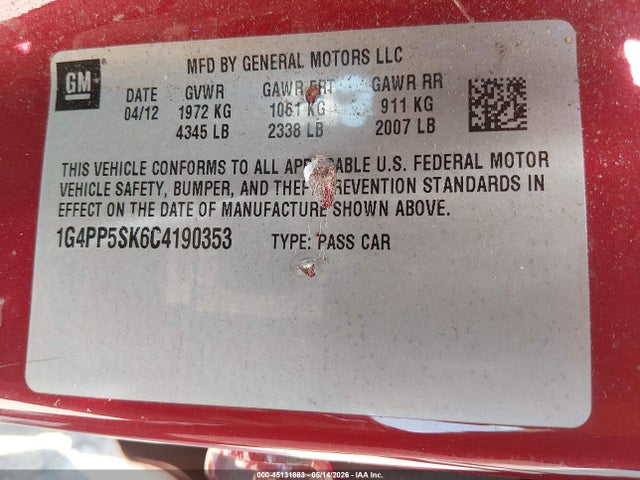 Продажа на аукционе авто 2012 Buick Verano, vin: 1G4PP5SK6C4190353, номер лота: 45131883