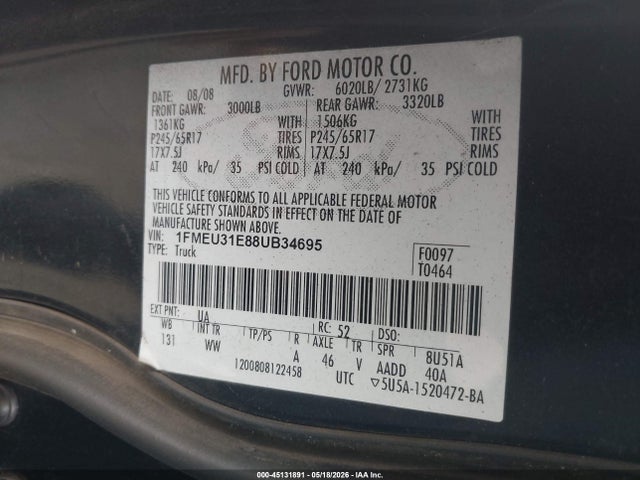 Aukcja sprzedaży 2008 Ford Explorer Sport Trac Xlt, vin: 1FMEU31E88UB34695, numer aukcji: 45131891