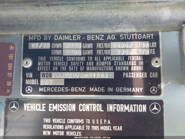 45131893 :رقم المزاد ، WDBBA45C3FA031504 vin ، 1985 Mercedes-benz 380 Sl مزاد بيع