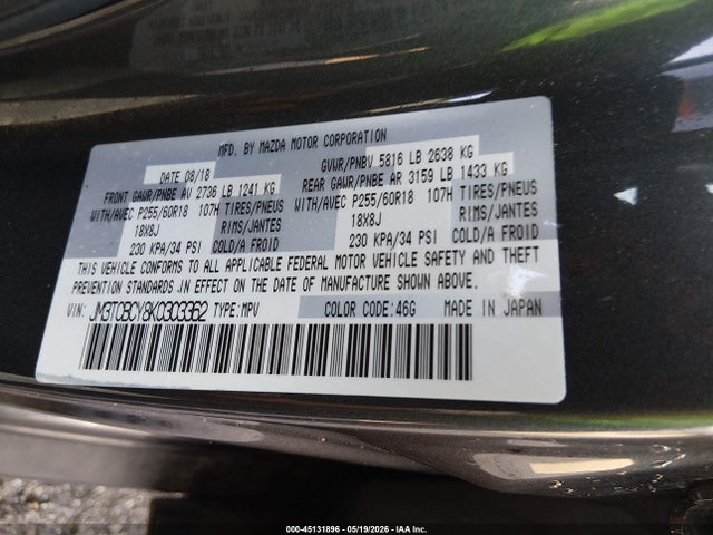 2019 Mazda Cx-9 Touring მანქანა იყიდება აუქციონზე, vin: JM3TCBCY8K0303362, აუქციონის ნომერი: 45131896