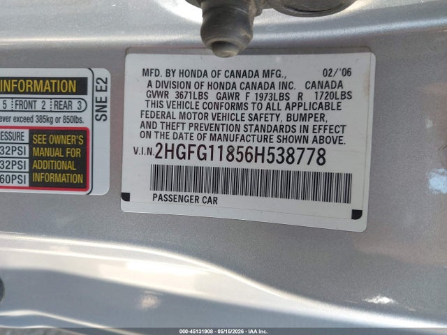 45131908 :رقم المزاد ، 2HGFG11856H538778 vin ، 2006 Honda Civic Ex مزاد بيع